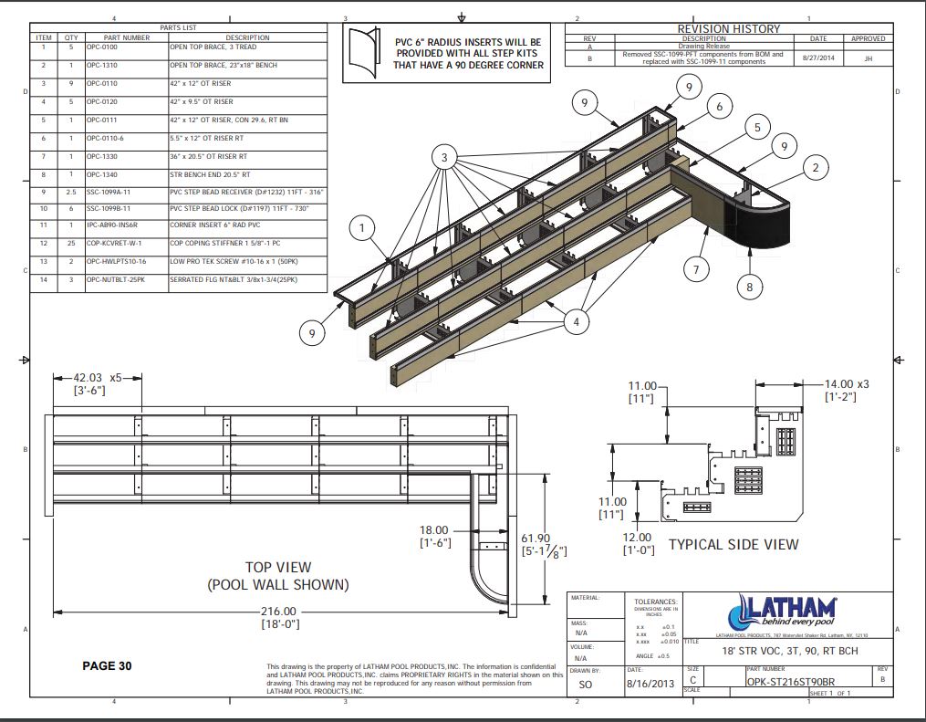 18' Straight Step Polymer 90 Deg. 3-Tread 6" Radius w/ Right Bench